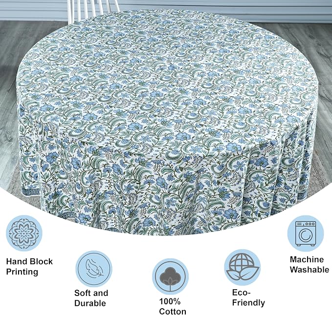 Ridhi Round Tablecloth Hand Block Print 100% Cotton Reusable Columbia Blue 120 Inch Table Cover Decorative Everyday Use for Dining, Home, Party, Wedding, Farmhouse, Party Gift for Spring, Mother's Day