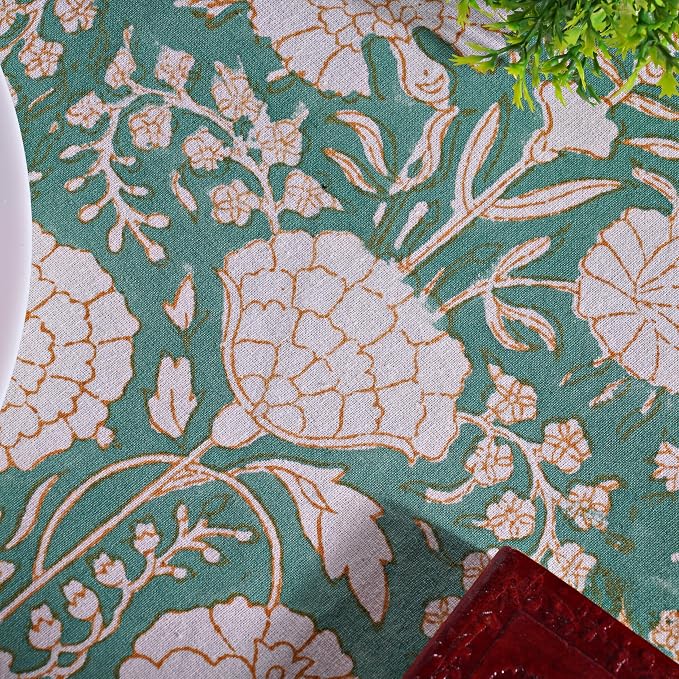 Ridhi Round Tablecloth Hand Block Print 100% Cotton Reusable Turquoise Moss Green 120 Inch Table Cover Decorative Everyday Use for Dining, Home, Party, Wedding, Farmhouse Gift for Spring, Mother's Day