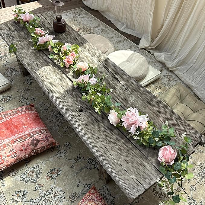 Artificial Flower Garland，6.5Ft Fake Dahlia Rose Flowers Garland Floral Eucalyptus Greenery Vine for Wedding Arch，Table Runner Centerpieces Backdrop Room Wall Hanging Plant Decor（Pink）