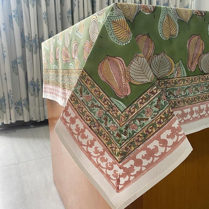 Ridhi Peppermint Green Hand Block Print Cotton Rectangle Tablecloth 190" x 72" inches Reusable Table Cover Decorative Everyday Use for Dining Room, Farmhouse, Home Gift for Spring, Mother's Day