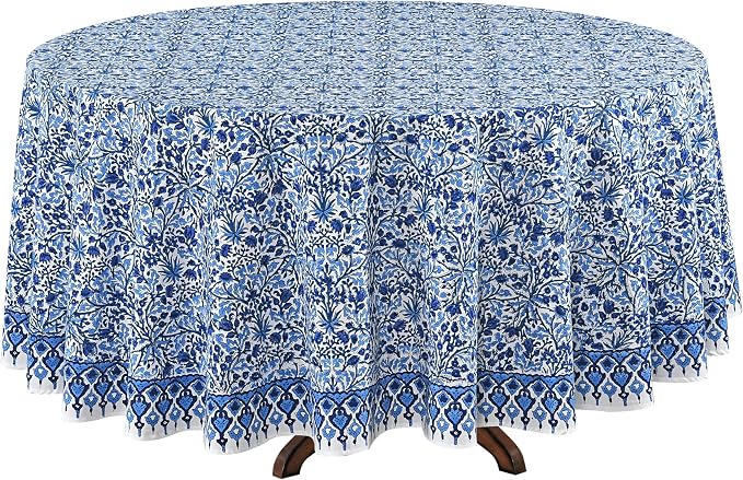 Ridhi Round Tablecloth Hand Block Print 100% Cotton Reusable Dark Royal Blue 132 Inch Table Cover Decorative Everyday Use for Dining, Home, Party, Wedding, Farmhouse Gift for Spring, Mother's Day