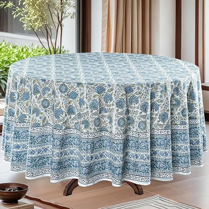 Ridhi Round Tablecloth Hand Block Print 100% Cotton Reusable Asparagus Green 120 Inch Table Cover Decorative Everyday Use for Dining, Home, Party, Wedding, Farmhouse Gift for Spring, Mother's Day