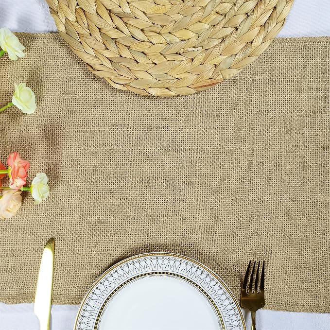 6 Pack 14 x 108 Inch Natural Burlap Table Runners,Rustic Jute Table Runner and Placemats Bulk for Western Wedding Table Decorations,Farmhouse Style Party,Holiday,Kitchen Coffee Table Decor Cover