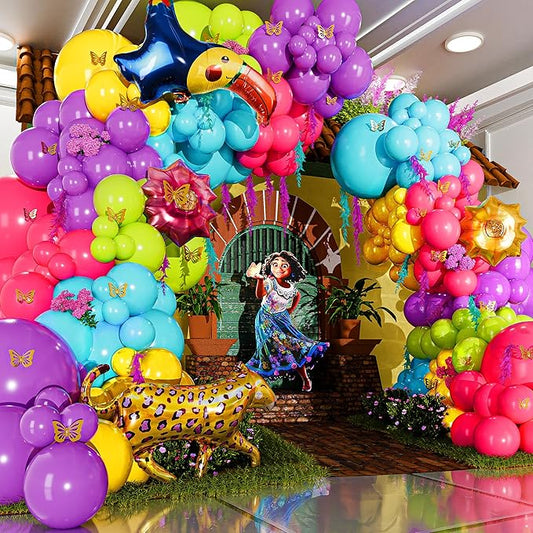 ALL-IN-1 Maribel Encanto Balloons Garland Decorations Arch Kit with BONUS Leopard for Encanto Birthday Party Supplies – Small and Large Purple, Teal, Yellow, Green, and Pink Balloons – Gold Butterfly