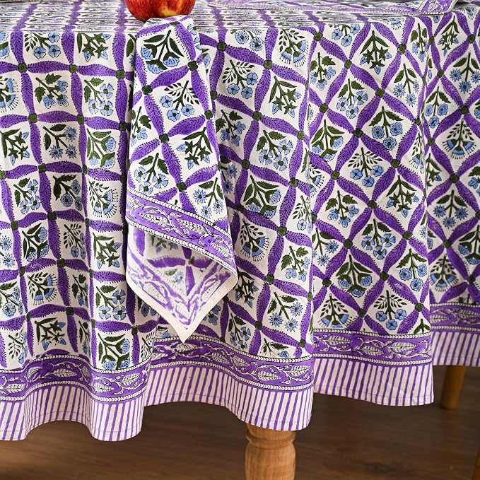 Hand Block Printed Tablecloth – Colorful Floral Print | 100% Cotton | Indian Artisan Handmade Art | Dining Room, Kitchen, Outdoor Décor, (Royal Purple Flora, 4 Seater 60 Inches Round)