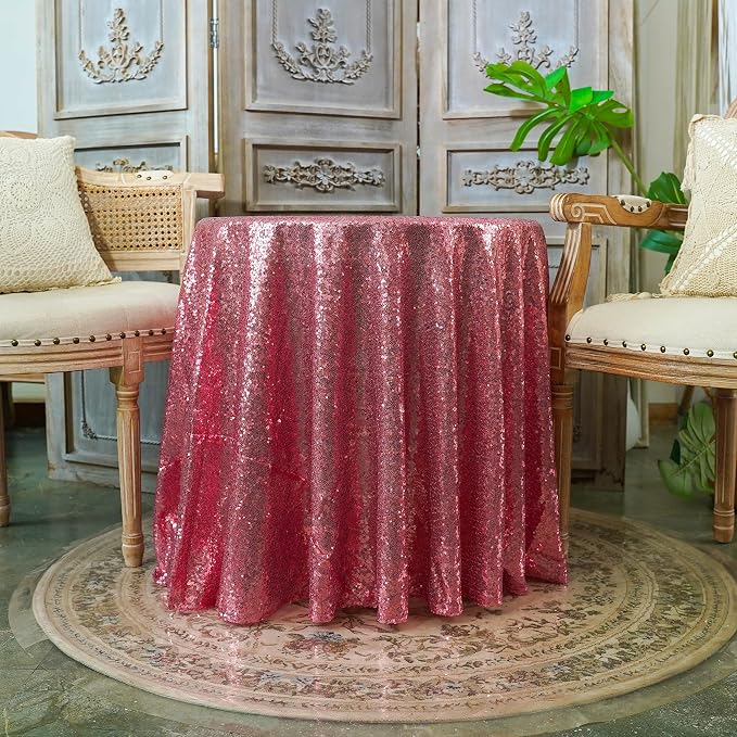 Sequin Tablecloth 108" Round Rose Pink Table Cloth Glitter Tablecloth Sparkly Drape Table Covers for Wedding Birthday Ceremony Party Baby Bridal Shower Decorations