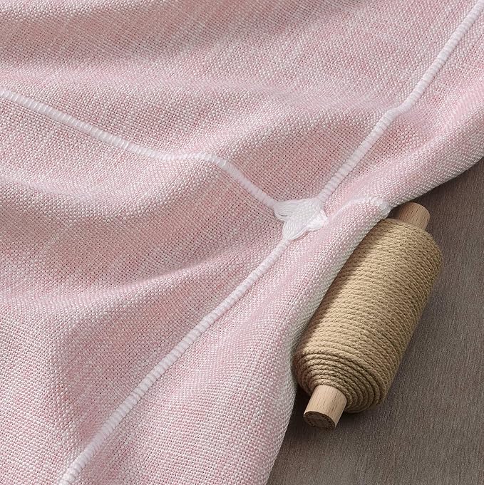 ZeeMart Grid Embroidered Hemmed Tablecloths, Pink 60x120 Inch, Farmhouse Style Heavy Weight Cotton Linen Pink Tablecloths, Boho Plaid Water Resistant Rectangle Table Cloth