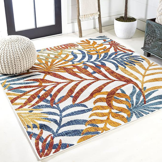 JONATHAN Y Tropics Palm Leaves Indoor Outdoor Square Area Rug 5X5 Cream/Orange, Boho for Backyard, Patio, Porch, Easy-Cleaning, High Traffic, Pet-Friendly, Non-Shedding (AMC100B-5SQ)