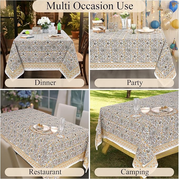 Ridhi Goldenrod Yellow Hand Block Print Cotton Rectangle Tablecloth 102" x 48" inches Reusable Table Cover Decorative Everyday Use for Dining Room, Farmhouse, Home Gift for Spring, Mother's Day