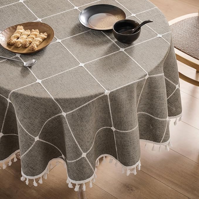 ZeeMart Boho Grid Table Cloth with Tassels (Cocoa Brown, 60" Round), Heavy Weight Linen Checked Embroidered Farmhouse Tablecloth, Water Resistant Round Brown Tablecloths