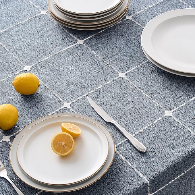 ZeeMart Boho Grid Table Cloth with Tassels (Navy Blue, 52" x 70"), Heavy Weight Linen Checked Embroidered Farmhouse Tablecloth, Water Resistant Rectangle Dark Blue Tablecloths