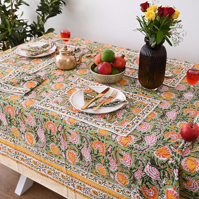 Hand Block Printed Tablecloth, Colorful Floral Print, Indian Artisan Handmade Art, Dining Room, Kitchen, Outdoor Décor, Party Decor, (Daisy Sunshine, 72 x 160 Inches, 14 Napkins)