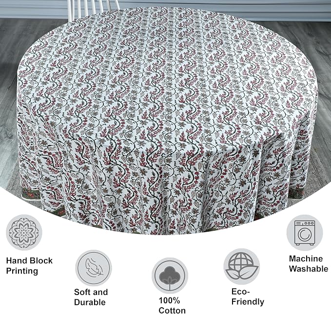 Ridhi Round Tablecloth Hand Block Print 100% Cotton Reusable Coral Pink Trails 60 Inch Table Cover Decorative Everyday Use for Dining, Home, Party, Wedding, Farmhouse Gift for Spring, Mother's Day