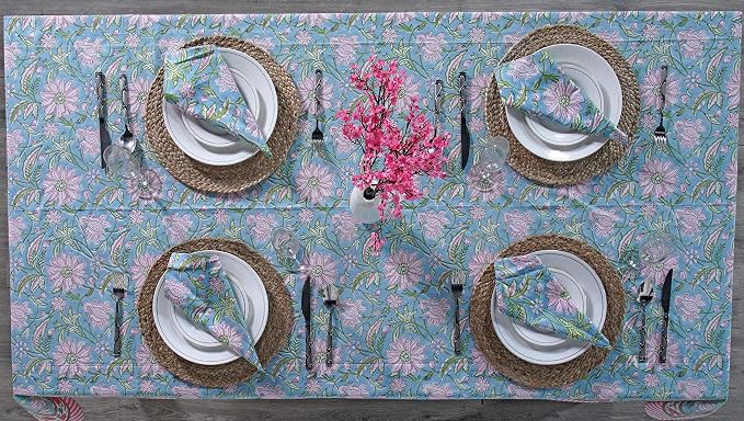 Ridhi Turquoise Blue Hand Block Print Cotton Rectangle Tablecloth 102" x 48" inches Reusable Table Cover Decorative Everyday Use for Dining Room, Farmhouse, Home Gift for Spring, Mother's Day
