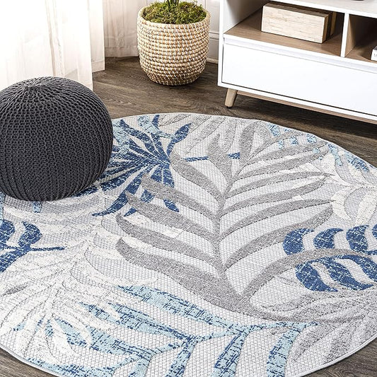 JONATHAN Y Tropics Palm Leaves Indoor Outdoor Round Area Rug 6 Ft Gray/Blue, Boho for Backyard, Patio, Porch, Easy-Cleaning, High Traffic, Pet-Friendly, Non-Shedding (AMC100A-6R)