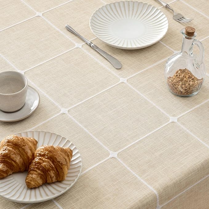 ZeeMart Boho Grid Table Cloth with Tassels (Light Tan, 52" x70"), Heavy Weight Linen Checked Embroidered Farmhouse Tablecloth, Water Resistant Rectangle Beige Tablecloths