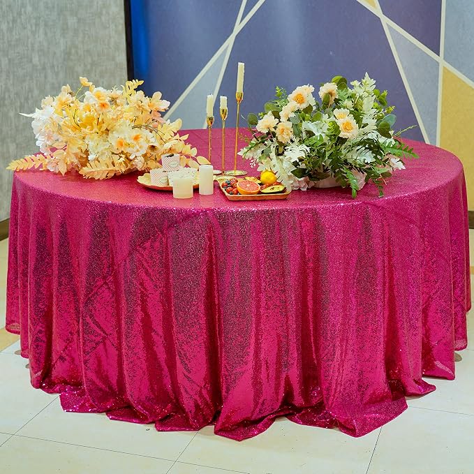 Hot Pink Glitter Tablecloth - 132'' Round Sequin Table Cloth for Birthdays, Weddings & Parties