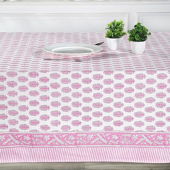 Ridhi Taffy Pink Hand Block Print Cotton Rectangle Tablecloth 160" x 72" inches Reusable Table Cover Decorative Everyday Use for Dining Room, Farmhouse, Home Gift for Spring, Mother's Day
