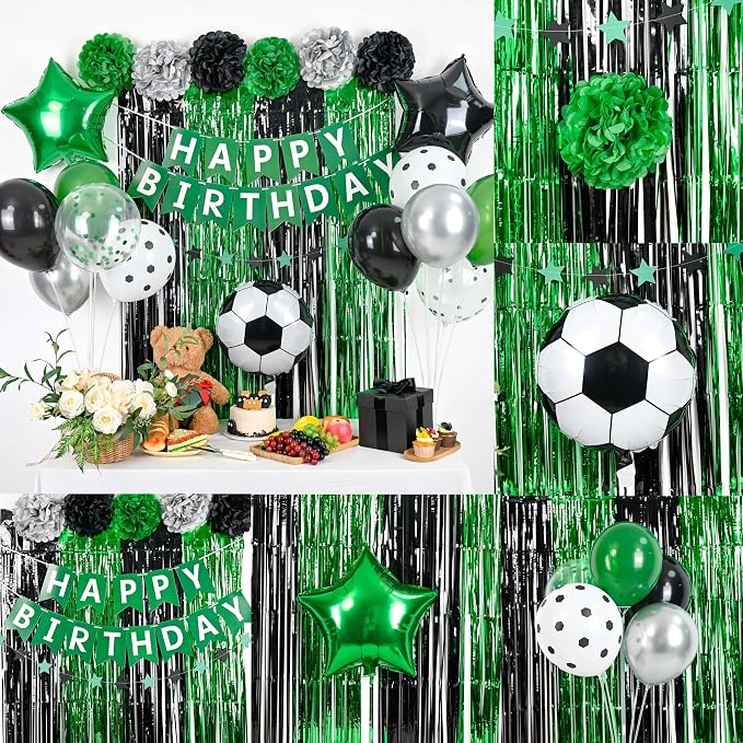 Soccer Party Decorations,Soccer Sports Theme Birthday Decorations,Include Green Black Party Balloons Happy Birthday Banner Fringe Curtain Tissue Paper Pompoms Garland