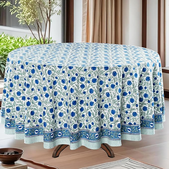 Ridhi Round Tablecloth Hand Block Print 100% Cotton Reusable Queen Blue 60 Inch Table Cover Decorative Everyday Use for Dining, Home, Party, Wedding, Farmhouse, Party Gift for Spring, Mother's Day