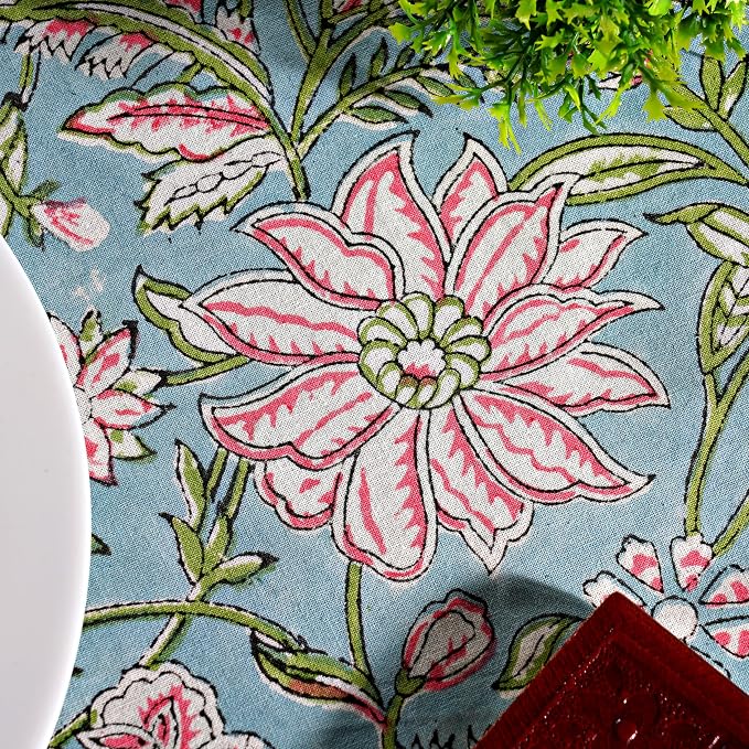 Ridhi Round Tablecloth Hand Block Print 100% Cotton Reusable Turquoise Blue 120 Inch Table Cover Decorative Everyday Use for Dining, Home, Party, Wedding, Farmhouse Gift for Spring, Mother's Day