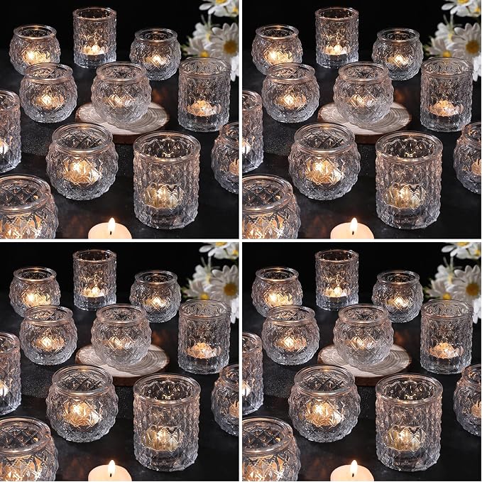 DARJEN Clear Votive Candle Holders Set of 24- Round Glass Candle Holders Bulk for Tea Light Candle, Embossed Candle Votives for Wedding Centerpiece, Various Parties & Home Decor (Pack of 4)