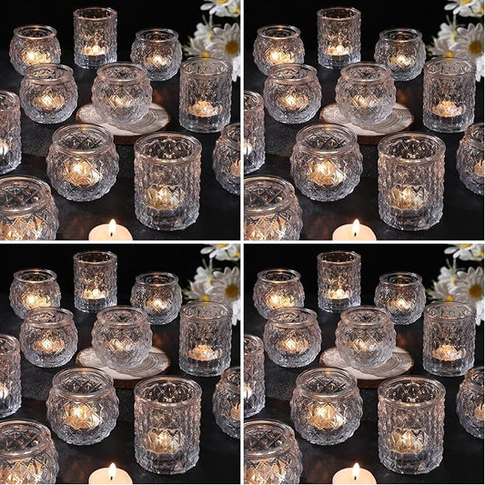 DARJEN Clear Votive Candle Holders Set of 24- Round Glass Candle Holders Bulk for Tea Light Candle, Embossed Candle Votives for Wedding Centerpiece, Various Parties & Home Decor (Pack of 4)