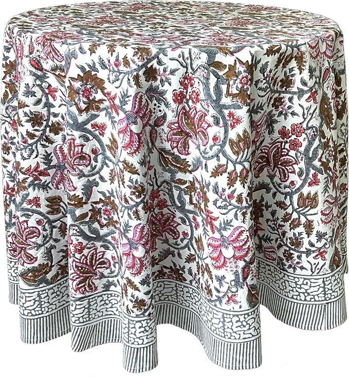ATOSII Eden Multicolor 100% Cotton Round Tablecloth, Handblock Print Floral Table Cloth for Kitchen Dining Linen I Parties, Weddings, Outdoors, Holidays I Fall Home Decor 60" Inches Round