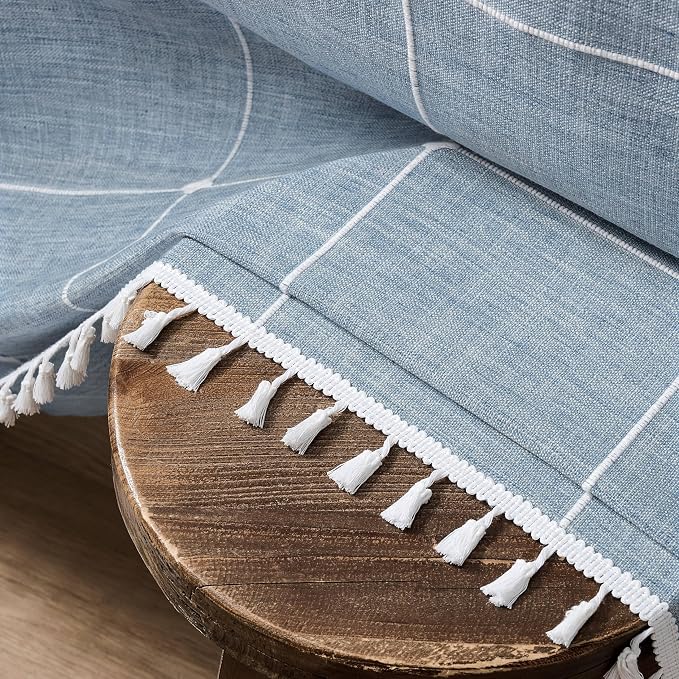 ZeeMart Boho Grid Table Cloth with Tassels (Blue, 60" x 104"), Heavy Weight Linen Checked Embroidered Farmhouse Tablecloth, Water Resistant Rectangle Dusty Blue Tablecloths