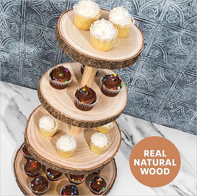 Wooden 4 Tier Rustic Cupcake Stand, Great for Wedding Cake Wood Display Tiered Centerpiece, Dessert Tower for Parties & Events