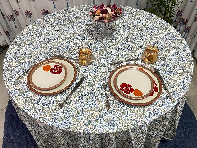 Ridhi Round Tablecloth Hand Block Print 100% Cotton Reusable Indigo Flower 60 Inch Table Cover Decorative Everyday Use for Dining, Home, Party, Wedding, Farmhouse, Party Gift for Spring, Mother's Day