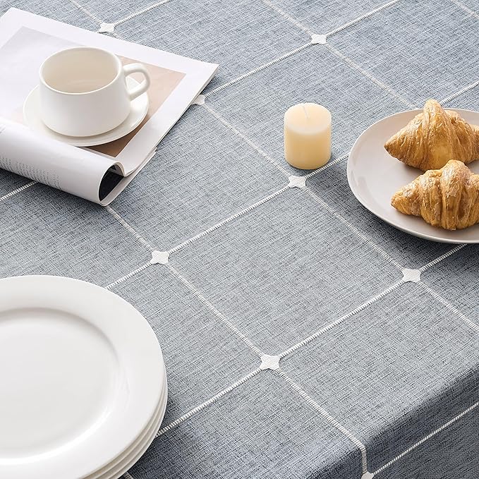 ZeeMart Boho Grid Table Cloth with Tassels (Blue Ashes, 52" x 52"), Heavy Weight Linen Checked Embroidered Farmhouse Tablecloth, Water Resistant Square Blue Grey Tablecloths