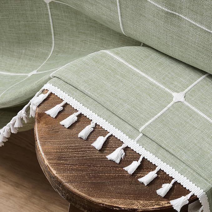 ZeeMart Boho Grid Table Cloth with Tassels (Sage Green, 60" x 120"), Heavy Weight Linen Checked Embroidered Farmhouse Tablecloth, Water Resistant Rectangle Green Tablecloths