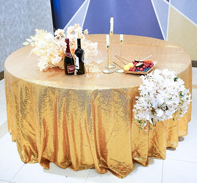 Gold Glitter Tablecloth 132'' Tablecloth Round Sequin Table Cloth Party Tablecloth Outdoor Table Cover Sequin Table Cloths for Birthy Wedding Party Decorations