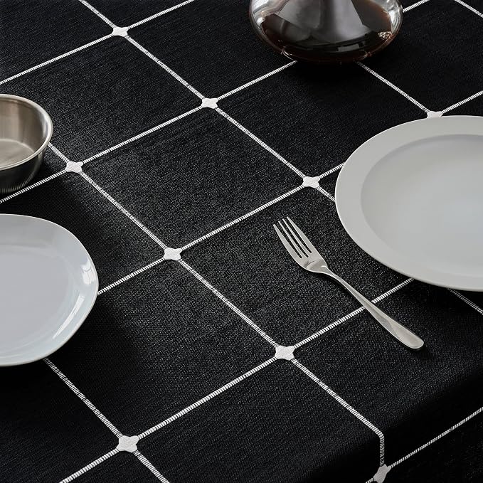 ZeeMart Boho Grid Table Cloth with Tassels (Black, 60" x 120"), Heavy Weight Linen Checked Embroidered Farmhouse Tablecloth, Water Resistant Rectangle Black Tablecloths