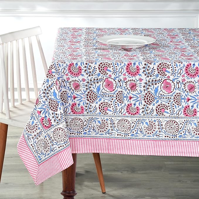 Ridhi Pigeon Blue Hand Block Print Cotton Rectangle Tablecloth 118 x 70 inch-Reusable Table Cover Decorative Everyday Use for Dining Room, Farmhouse, Thanksgiving, Christmas Wedding, Fall