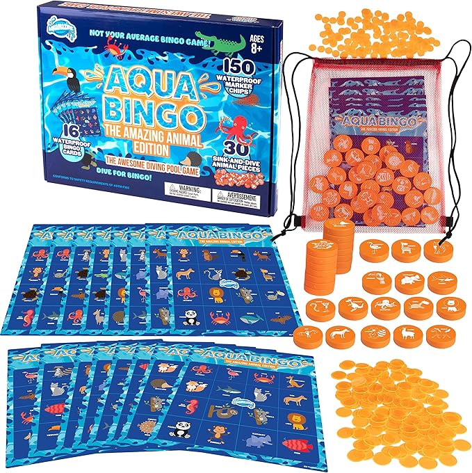Pool Bingo Diving Game for Kids- Summer Party Fun Edition Toy- Dive & Call 30 Sinking Animal Themed "Numbers", Fill Your Card- 150 Marker Chips & 16 Double Sided Waterproof Play Cards & Carrying Bag