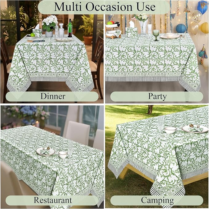 Ridhi 100% Cotton Hand Block Print Tablecloth Washable Easter Thanksgiving/Christmas Parties/Wedding Use,Fall décor Farmhouse Dining Tablecloth (Sage Green, 4 Seater 60x60 Inches Square)