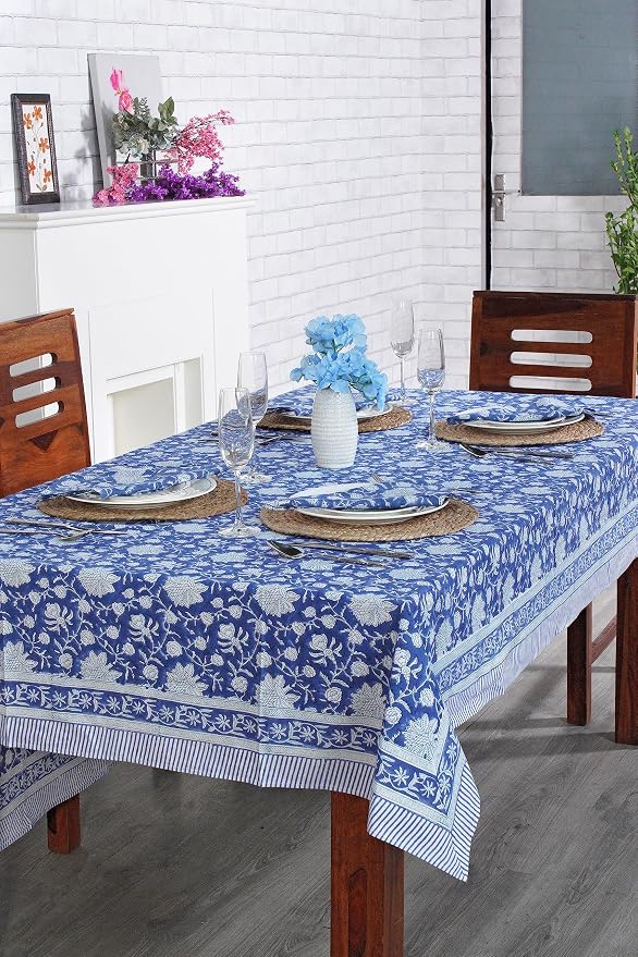 Ridhi Dark Blue Hand Block Print Cotton Rectangle Tablecloth 190" x 72" inches Reusable Table Cover Decorative Everyday Use for Dining Room, Farmhouse, Home Gift for Spring, Mother's Day