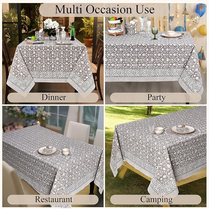 Ridhi Taupe 60x60 Inches Square Indian Hand Block Floral Printed Pure Cotton Cloth Tablecloth, Farmhouse Outdoor Wedding Restaurant Party Home Spring Fall