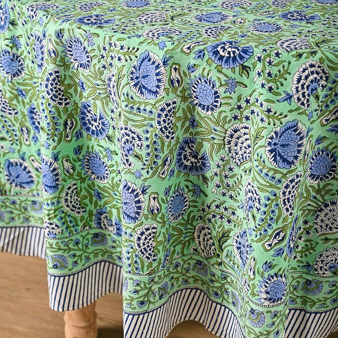 Hand Block Printed Tablecloth – Colorful Floral Print | 100% Cotton | Indian Artisan Handmade Art | Dining Room, Kitchen, Outdoor Décor, (Mint Green Blue, 4 Seater 60 Inches Round)